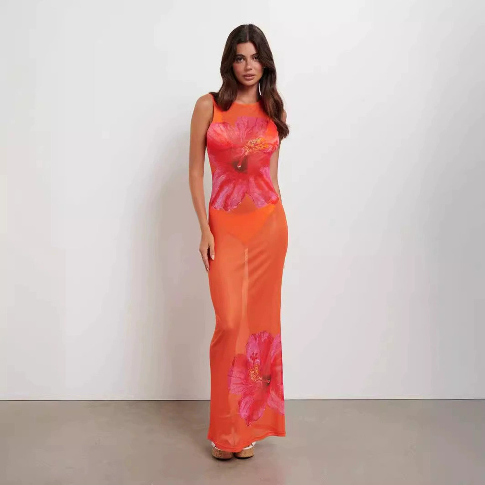 ZARA Summer Floral Print Long Sleeveless Sexy Sheer Bodycon Dress